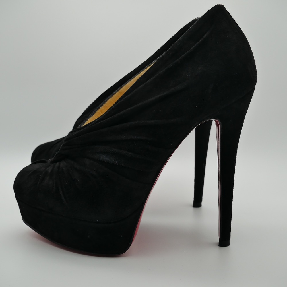 Christian Louboutin Black Suede Pleated Platform Red Bottom Pumps Heels Size 36
